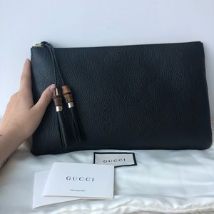 Authentic large Gucci Leather zip pouch w/ Bamboo